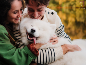 Wrapped in the arms of two companions in Brittany, this blissful white dog practically melts into the embrace, tongue hanging with comic satisfaction. The tight framing and warm autumn tones turn pure affection into a wonderfully contagious moment of joy.