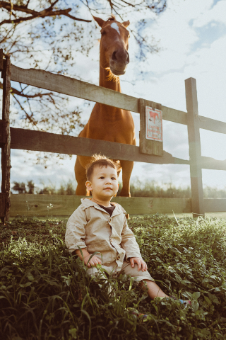 In Miami, Florida, a baby is smiling while sitting on the grass with a horse standing behind a fence at a farm during a portrait session with the family.