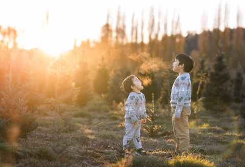 Em Woodinville, Washington, dois irmãos brincam alegremente em uma fazenda, suas respirações visíveis no ar fresco do inverno