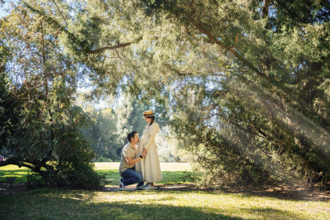 Uma floresta brilhante de Los Angeles repleta de raios de sol suavemente filtrados e folhas verdes exuberantes, enquanto um pai amoroso beija a barriga de sua parceira, celebrando a alegria de uma nova vida sob a luz do sol.