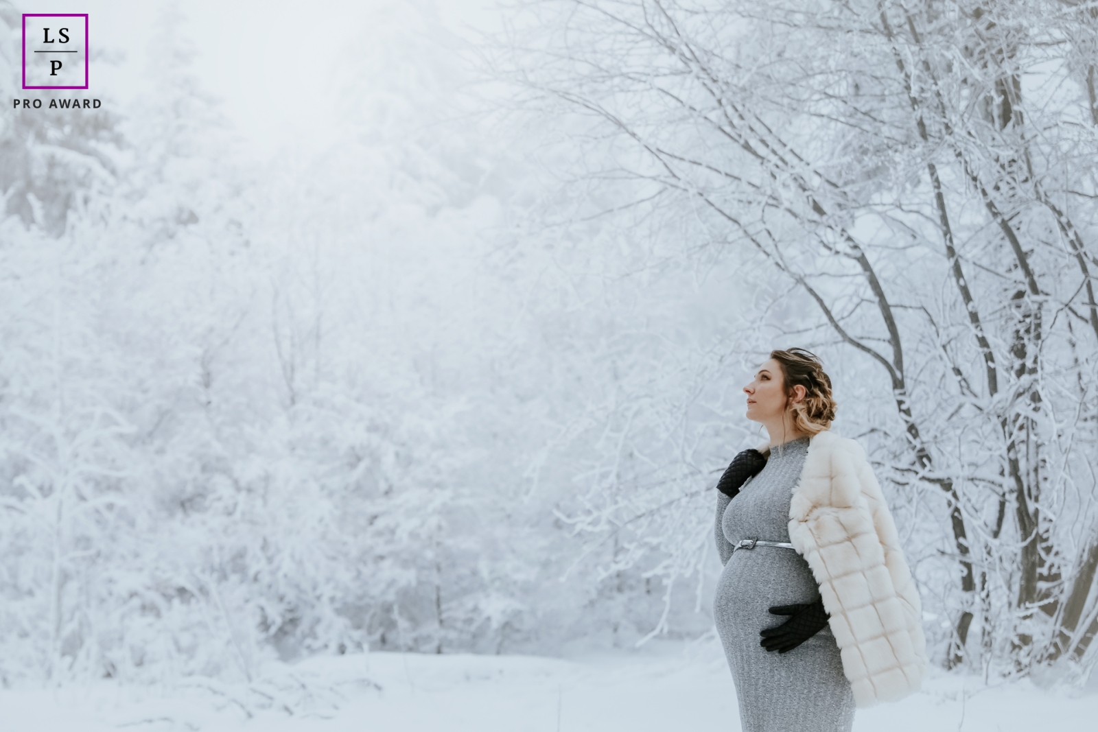 Em meio ao frio gelado do inverno da Alsácia, na França, uma mulher corajosa está abraçando a neve durante sua bela sessão de gravidez polar