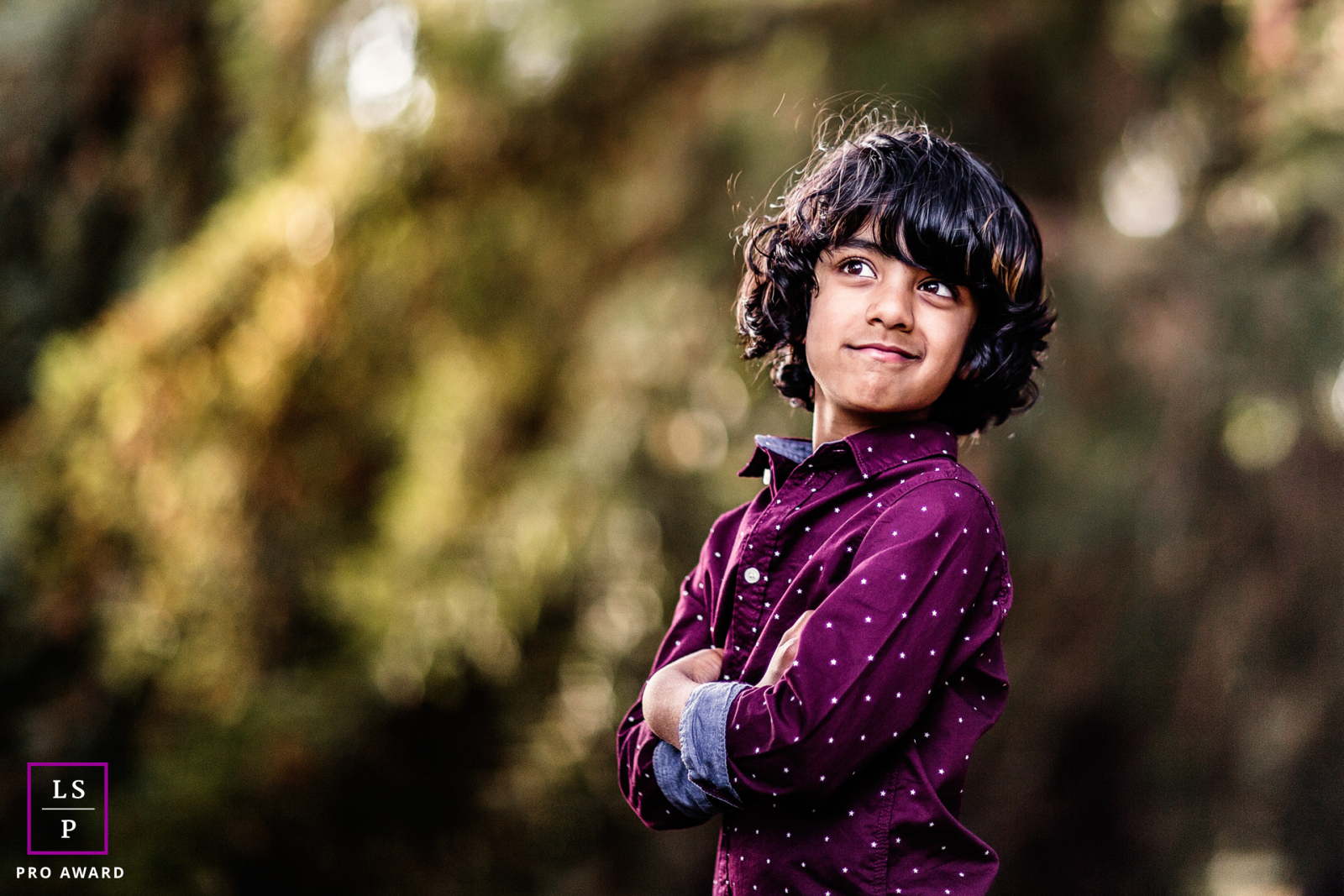 Um jovem garoto com um olhar travesso olha para a bela paisagem de Mountain View, cercada por árvores verdejantes em um cenário de parque tranquilo. Seus braços estão casualmente cruzados, mostrando sua atitude despreocupada.