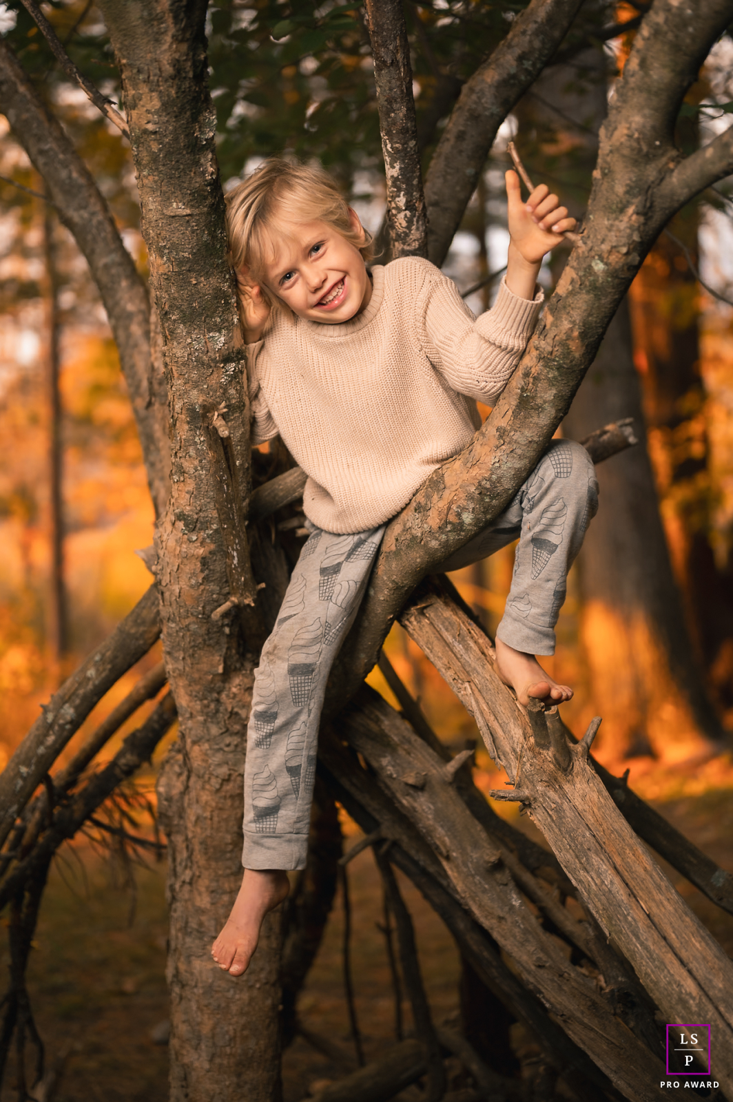 A barefoot child perches within a wooden throne, his grin capturing pure mischief. Golden light wraps the scene, turning a simple tree climb into a timeless, masterfully composed story of joy.