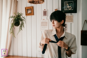 A young man adjusts his tie while gazing toward a window during a relaxed lifestyle session while traveling in Chengdu, China.