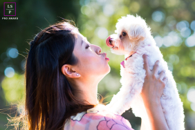 Owner holds up their dog in a playful pet portrait against a Mountain View, California backdrop.