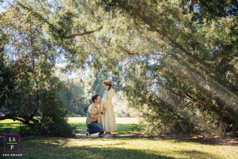 A glowing Los Angeles forest filled with softly filtered sunbeams and lush green leaves, as a loving father kisses the belly of his partner, celebrating the joy of new life in the dappled sunlight.