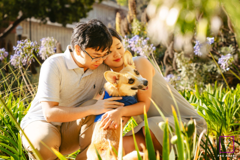 In Los Angeles, a couple enjoys play time in the garden with their dog. The scene captures their joyful interaction and the warmth of their connection amidst a sunny, vibrant setting.