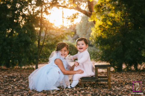 In Los Angeles, two adorable sisters sit on a small wooden step stool in the forest, all dressed up and radiant.