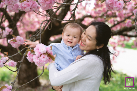 In New York City, a mother holds her child beneath blooming cherry blossoms as tiny hands reach curiously toward the flowers. The soft pink tones and close framing create a family portrait filled with tenderness, springtime joy, and quiet connection.