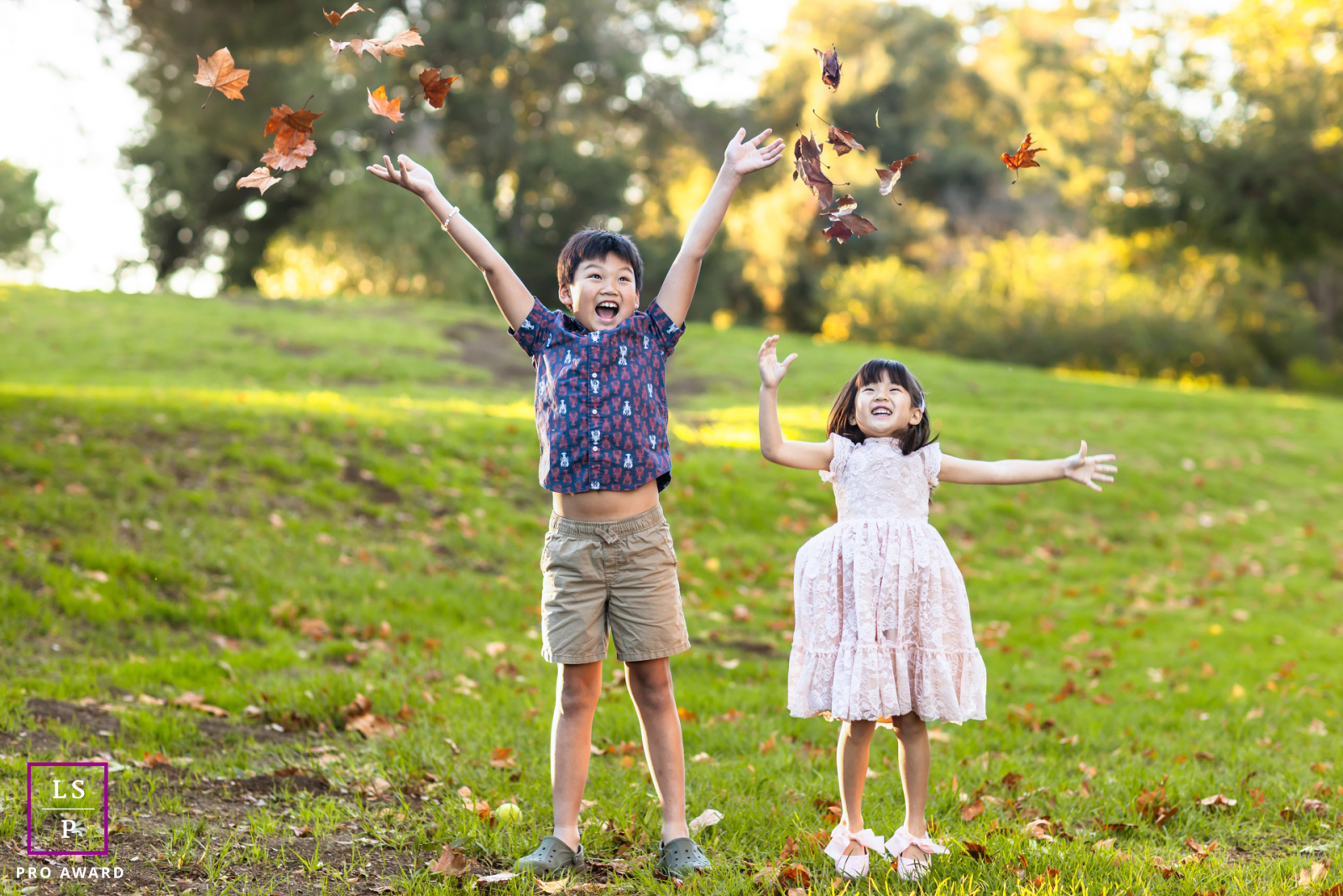 In Mountain View, two children launch autumn leaves skyward with the kind of joy adults spend years trying to rediscover. The flying leaves, open gestures, and glowing afternoon light turn a simple backyard moment into pure childhood celebration.