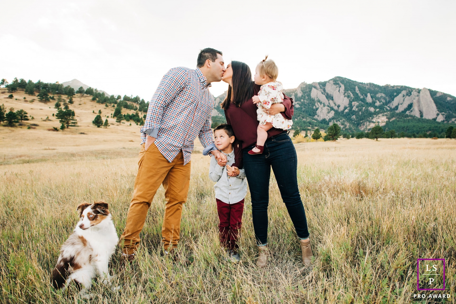 Boulder family portrait flatirons - Colorado lifestyle photo session with mom, dad, kids and a dog.