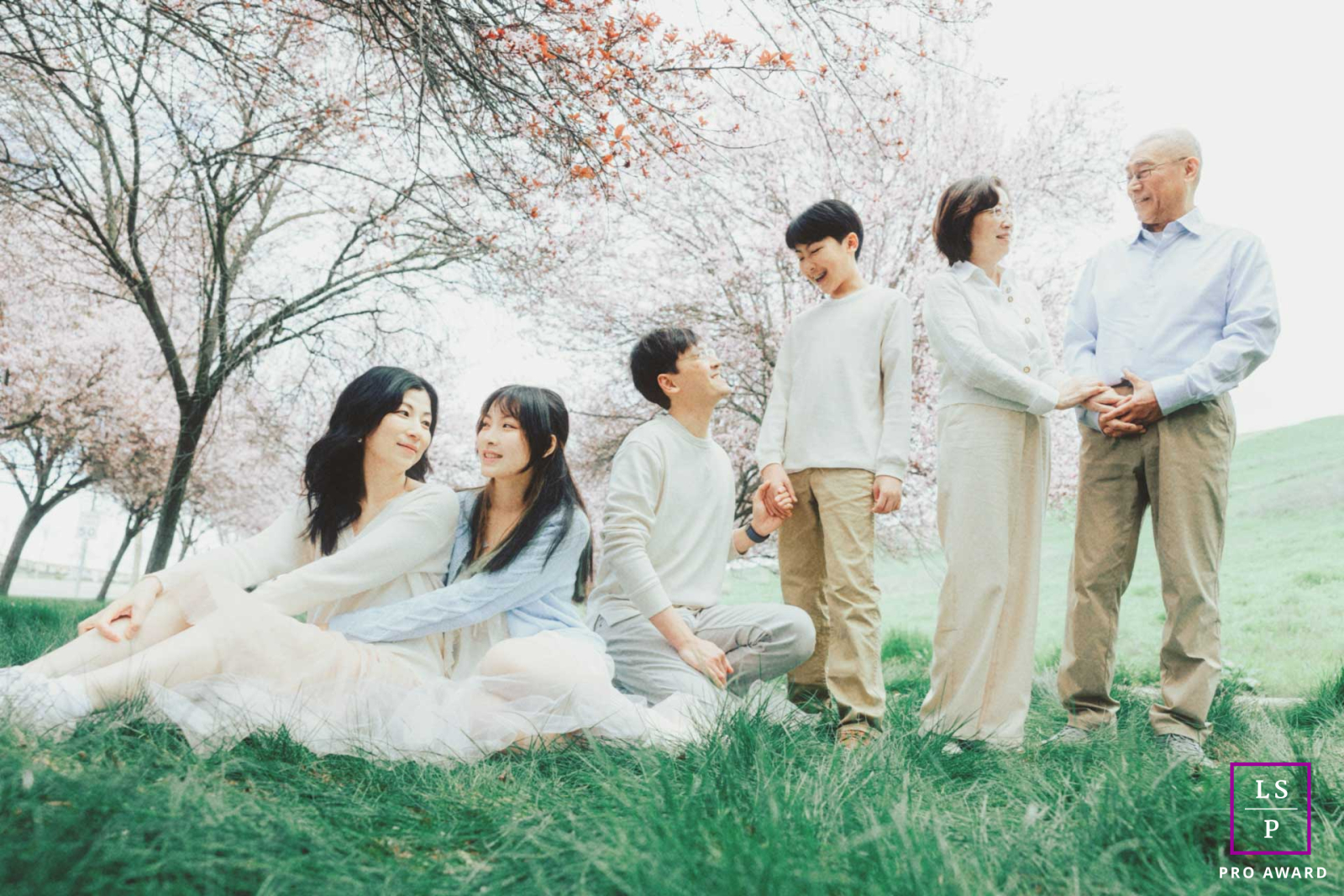 In San Ramon, California, three generations gather beneath blooming trees, each pair sharing its own quiet interaction. The soft spring light and layered composition give the portrait warmth, tenderness, and a gentle sense of family continuity.