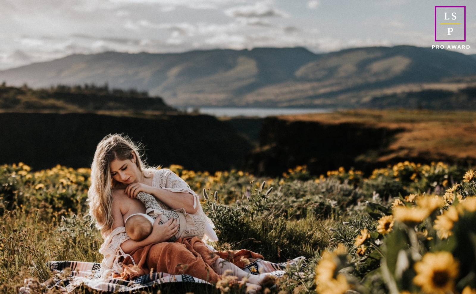 Oregon lifestyle portrait photo from a Breastfeeding situation out in nature within a field of flowers by the mountain range
