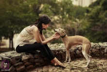 Lisbon Woman with Dog Lifestyle Portrait Portugal | Photo contains: outdoors, tress, stones