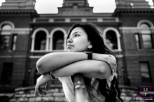 Photo by: <a href="https://www.lifestylephotographers.com/lifestyle-photography-portraits/bryan-aleman/knoxville/2080178">Bryan Aleman - United States</a> Knoxville young woman poses for a Lifestyle Black and white portrait in front of brick building