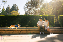 A happy couple and their dog are enjoying a relaxing, sunny afternoon in Los Angeles, Southern California.