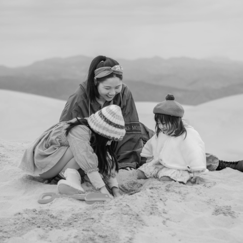 Jiaqian Deng at the beach with her children in Northern California